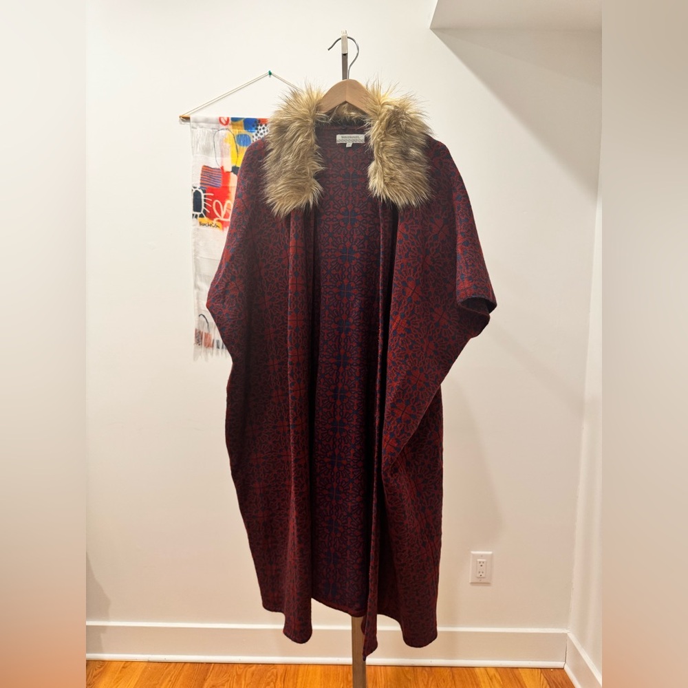 Burgundy and Navy Patterned Cape with Faux Fur Collar